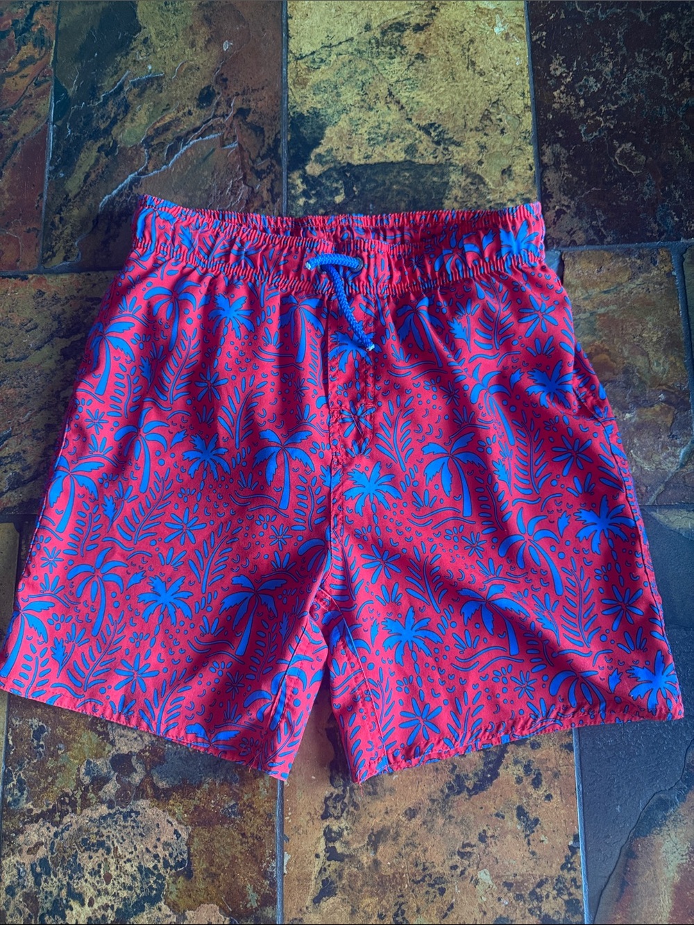 Class Club Red Swim Shorts with Blue Tropical Palm Print (1134)
